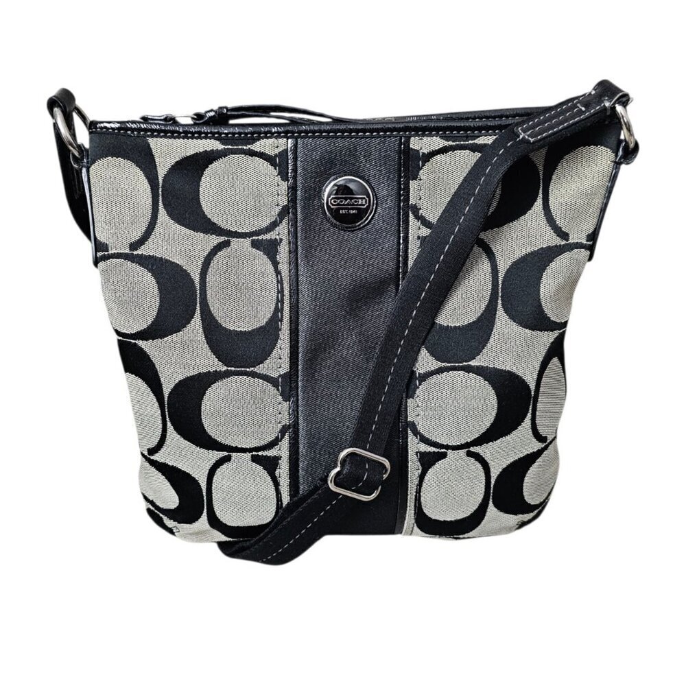 Coach SIGNATURE STRIPE Duffle Canvas Black Shoulder Crossbody Bag F21905 COA